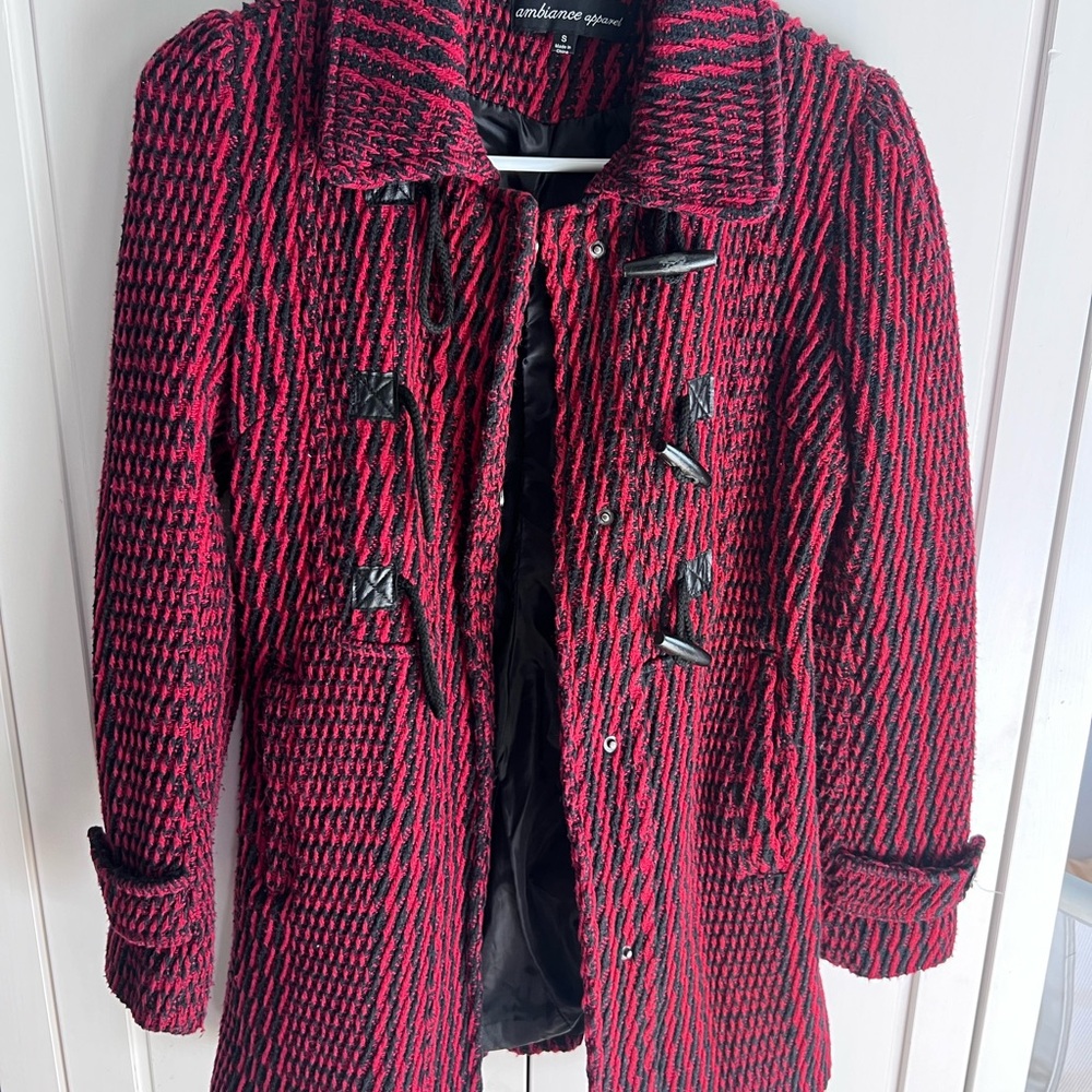 Ambiance Red and Black Textured Trench Coat